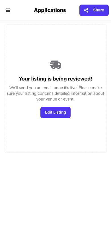 The Applications page for a newly submitted listing, showing 'Your listing is being reviewed!' with a note that an email will follow once it's live.