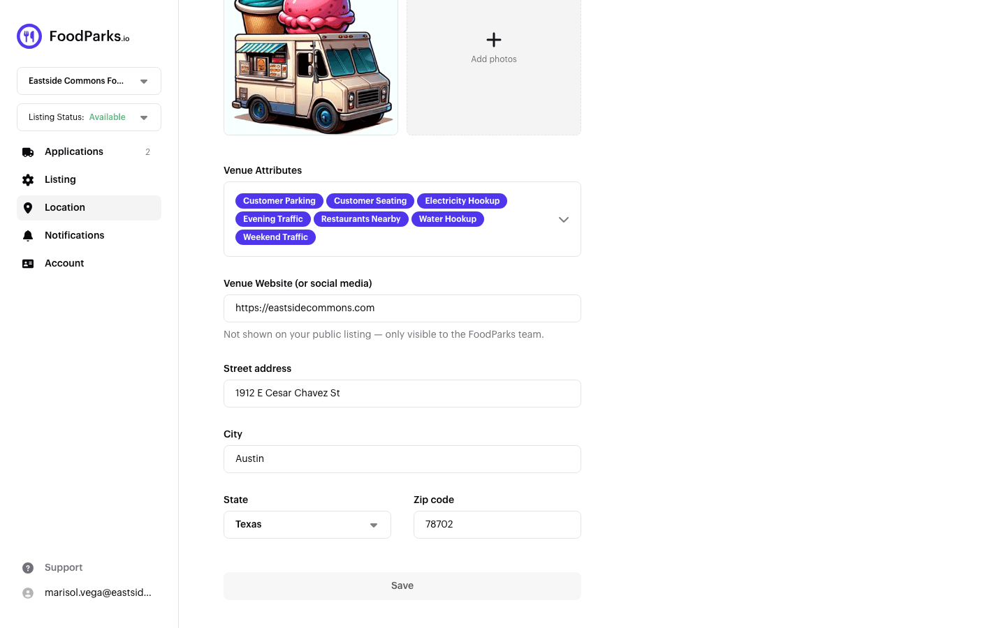 The Location Details page for a food truck park listing, scrolled to the Venue Website field and the street, city, state, and zip address fields.