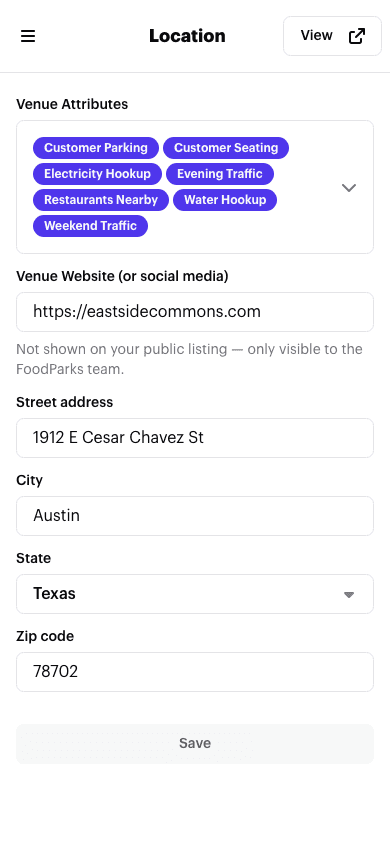 The Location Details page for a food truck park listing, scrolled to the Venue Website field and the street, city, state, and zip address fields.
