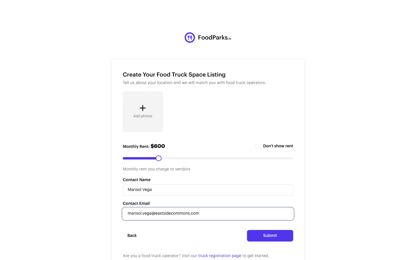 Step 3 of the create-a-listing form: the monthly rent slider with the Don't show rent option, and the contact name and email fields.