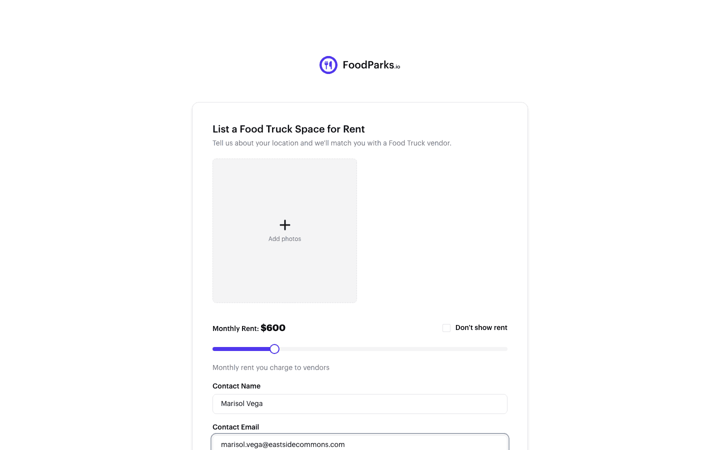 Step 3 of the create-a-listing form: the monthly rent slider with the Don't show rent option, and the contact name and email fields.
