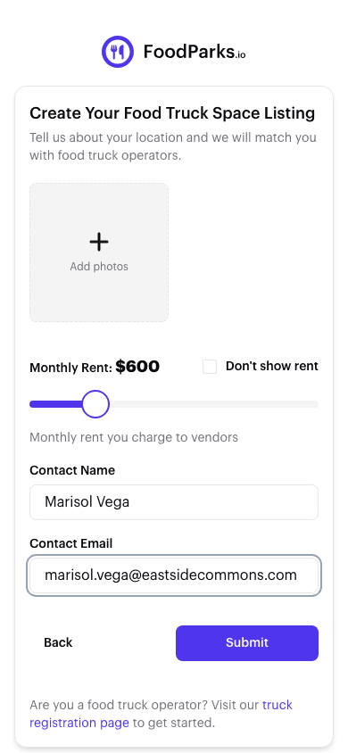 Step 3 of the create-a-listing form: the monthly rent slider with the Don't show rent option, and the contact name and email fields.