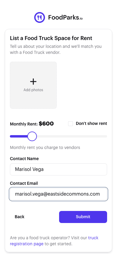 Step 3 of the create-a-listing form: the monthly rent slider with the Don't show rent option, and the contact name and email fields.