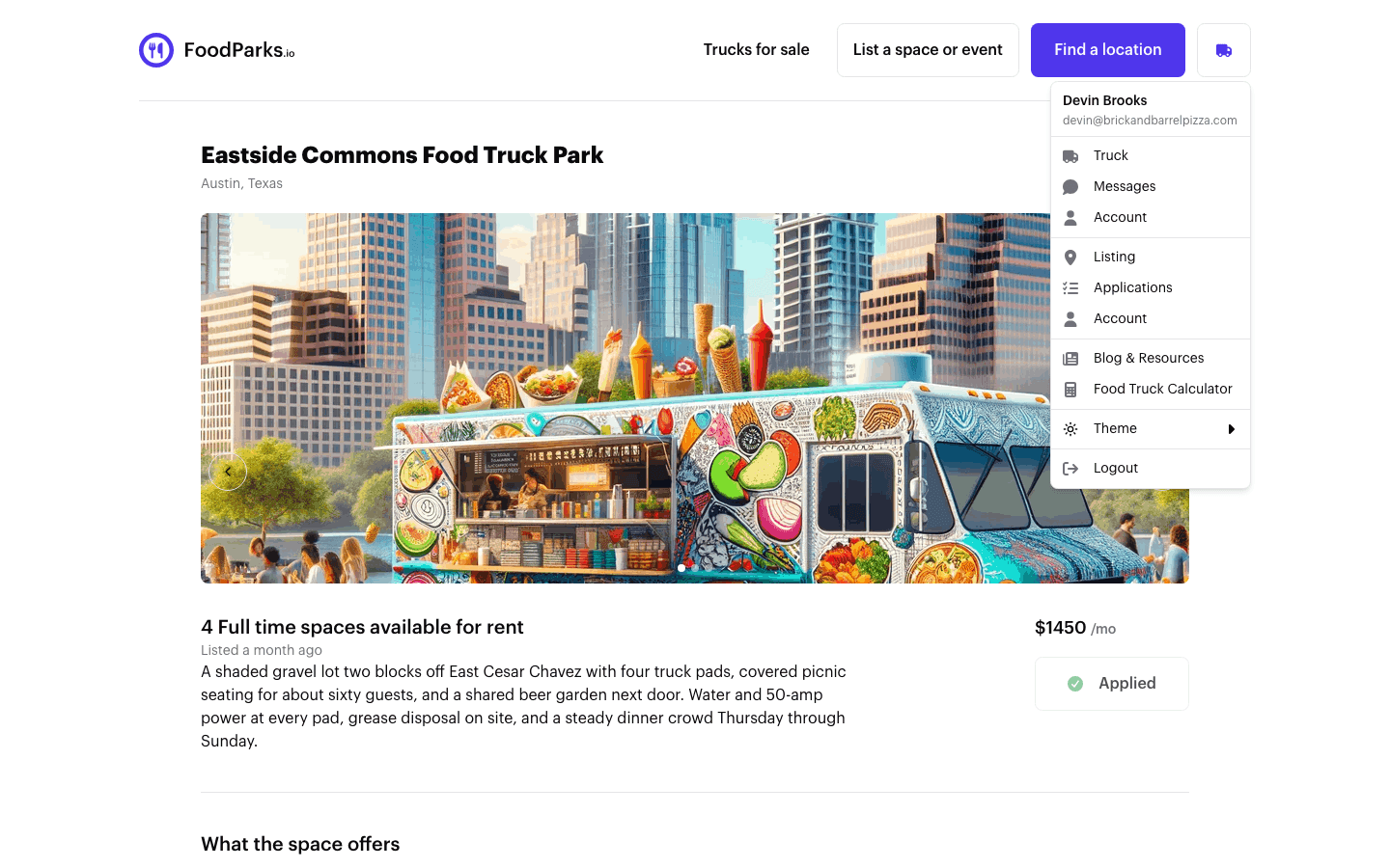 The FoodParks account menu open, showing a Truck section and a Listing section for the same signed-in account.