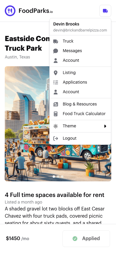 The FoodParks account menu open, showing a Truck section and a Listing section for the same signed-in account.