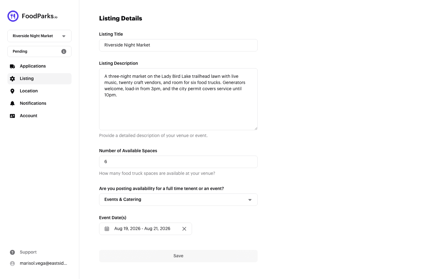 A pending listing's dashboard sidebar showing a fixed Pending button — not the dropdown owners get once a listing is live — above a fully editable listing form