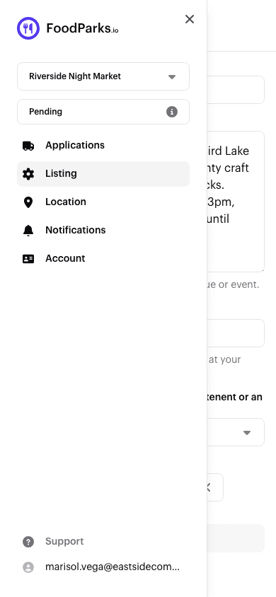 A pending listing's dashboard sidebar showing a fixed Pending button — not the dropdown owners get once a listing is live — above a fully editable listing form