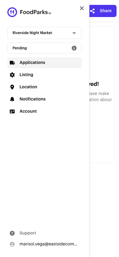 A Pending listing's status shown as a read-only button in the dashboard sidebar, with no dropdown to change it