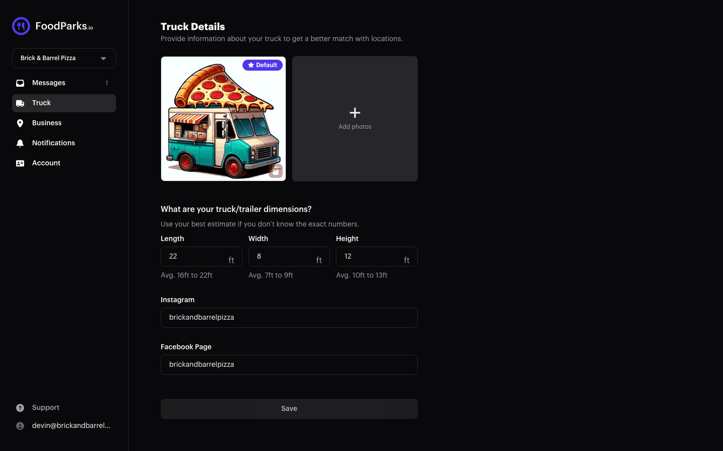 The photo uploader on the Truck page in dark mode, showing an uploaded photo marked Default and an Add photos tile