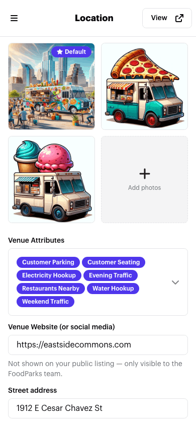 The photo gallery on a listing's Location page, showing three uploaded photos with the first marked Default and an Add photos tile
