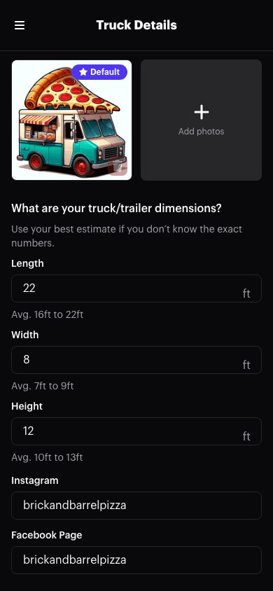 The photo uploader on the Truck page in dark mode, showing an uploaded photo marked Default and an Add photos tile
