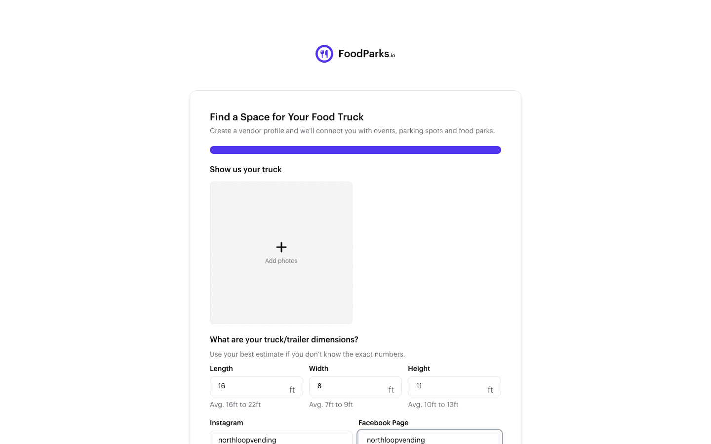 Step 3 of the create-a-truck form: photo upload, truck dimensions, and optional Instagram and Facebook fields.