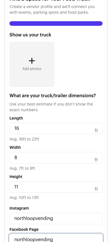 Step 3 of the create-a-truck form: photo upload, truck dimensions, and optional Instagram and Facebook fields.