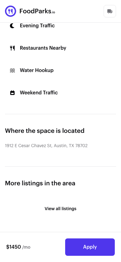 The 'Where the space is located' section of a live public listing page, showing the listing's full street address.