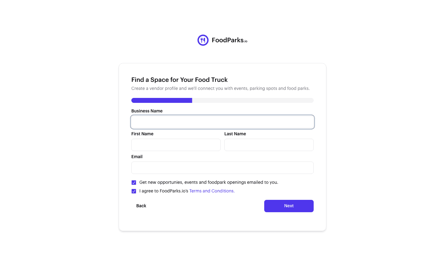 The Find a Space for Your Food Truck form where truck operators start a new profile.