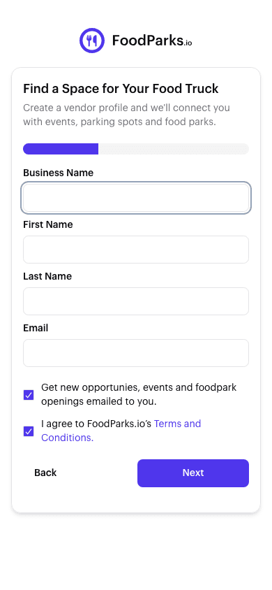 The Find a Space for Your Food Truck form where truck operators start a new profile.