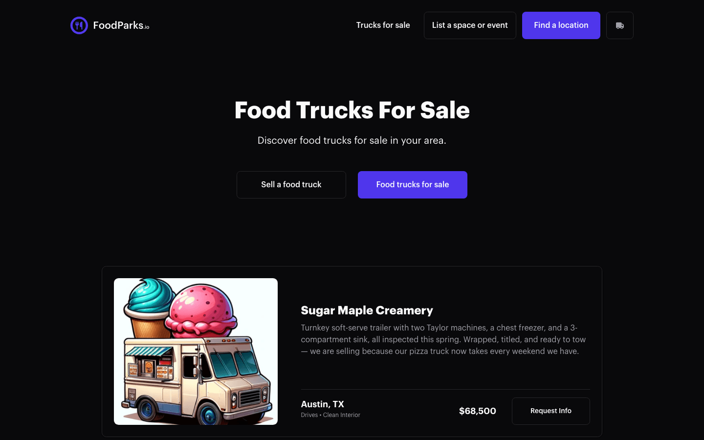 The Request Info button next to a truck's asking price on the Food Trucks For Sale page