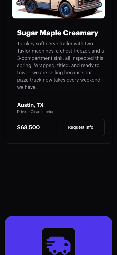 The Request Info button next to a truck's asking price on the Food Trucks For Sale page