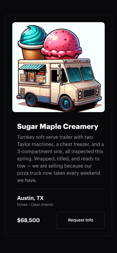 The Request Info button next to a truck's asking price on the Food Trucks For Sale page