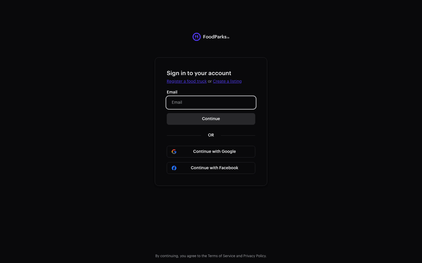 FoodParks sign-in page with Continue with Google and Continue with Facebook buttons below the email field