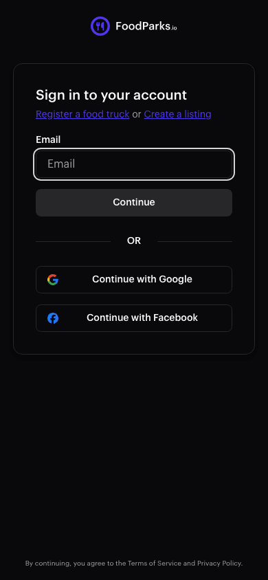 FoodParks sign-in page with Continue with Google and Continue with Facebook buttons below the email field