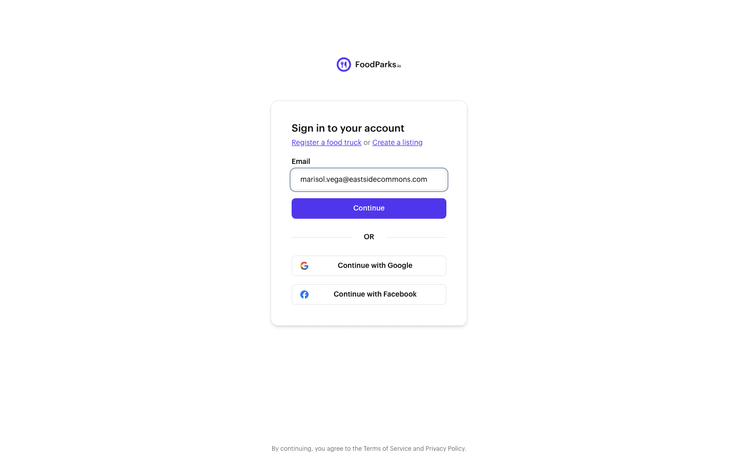 FoodParks sign-in page with an email address entered and a Continue button