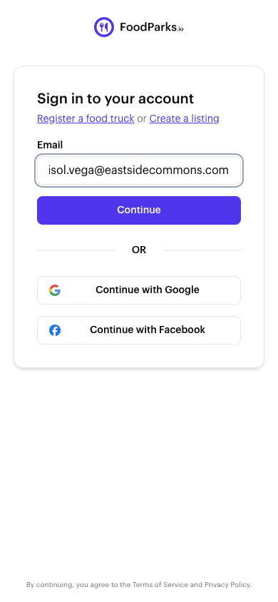 FoodParks sign-in page with an email address entered and a Continue button