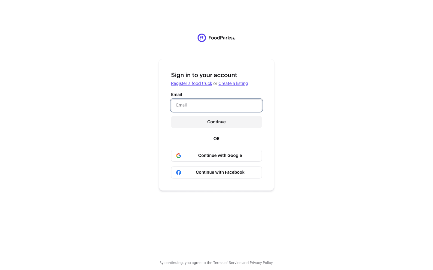 The FoodParks sign-in page with an email field and Continue with Google and Continue with Facebook buttons