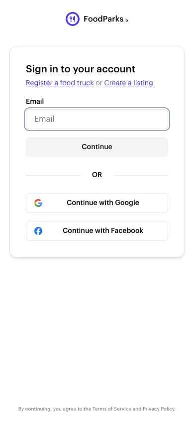The FoodParks sign-in page with an email field and Continue with Google and Continue with Facebook buttons