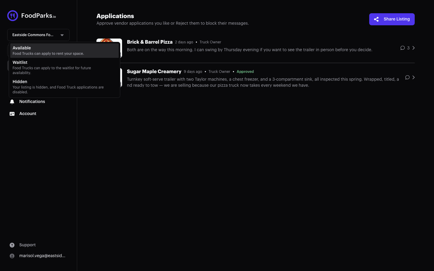 The listing status selector open on a listing's dashboard in dark mode, showing Available, Waitlist, and Hidden with their descriptions