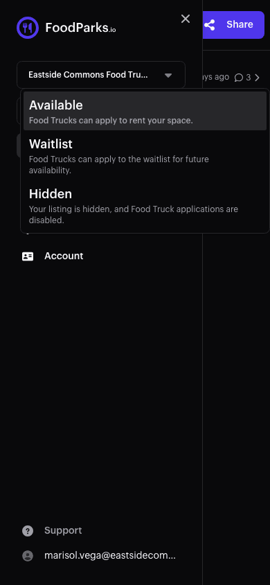 The listing status selector open on a listing's dashboard in dark mode, showing Available, Waitlist, and Hidden with their descriptions