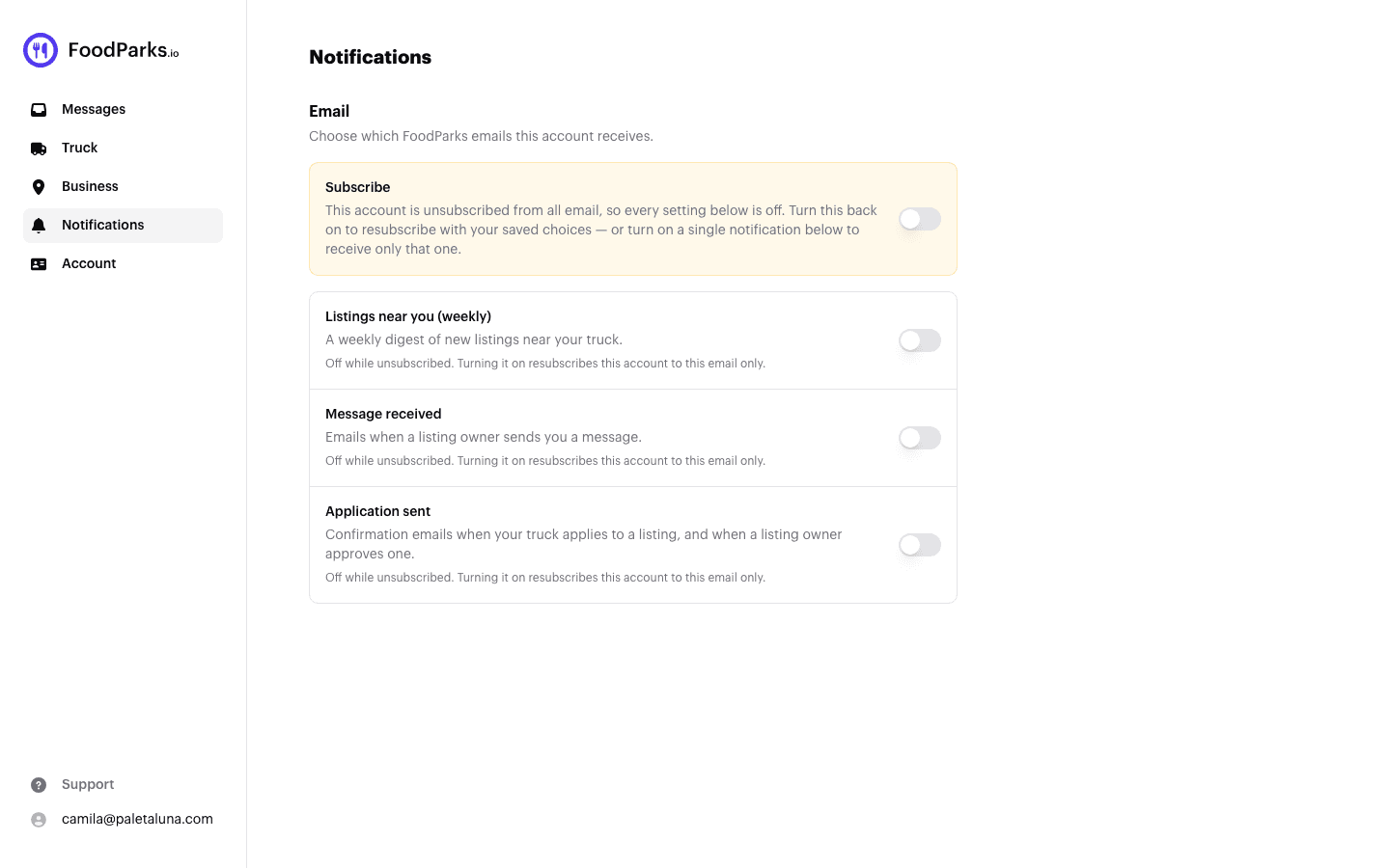 The Notifications page of an unsubscribed account, with the Subscribe switch at the top turned off and highlighted, explaining that every setting below it is off