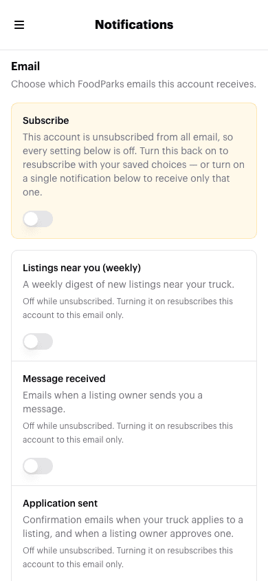 The Notifications page of an unsubscribed account, with the Subscribe switch at the top turned off and highlighted, explaining that every setting below it is off