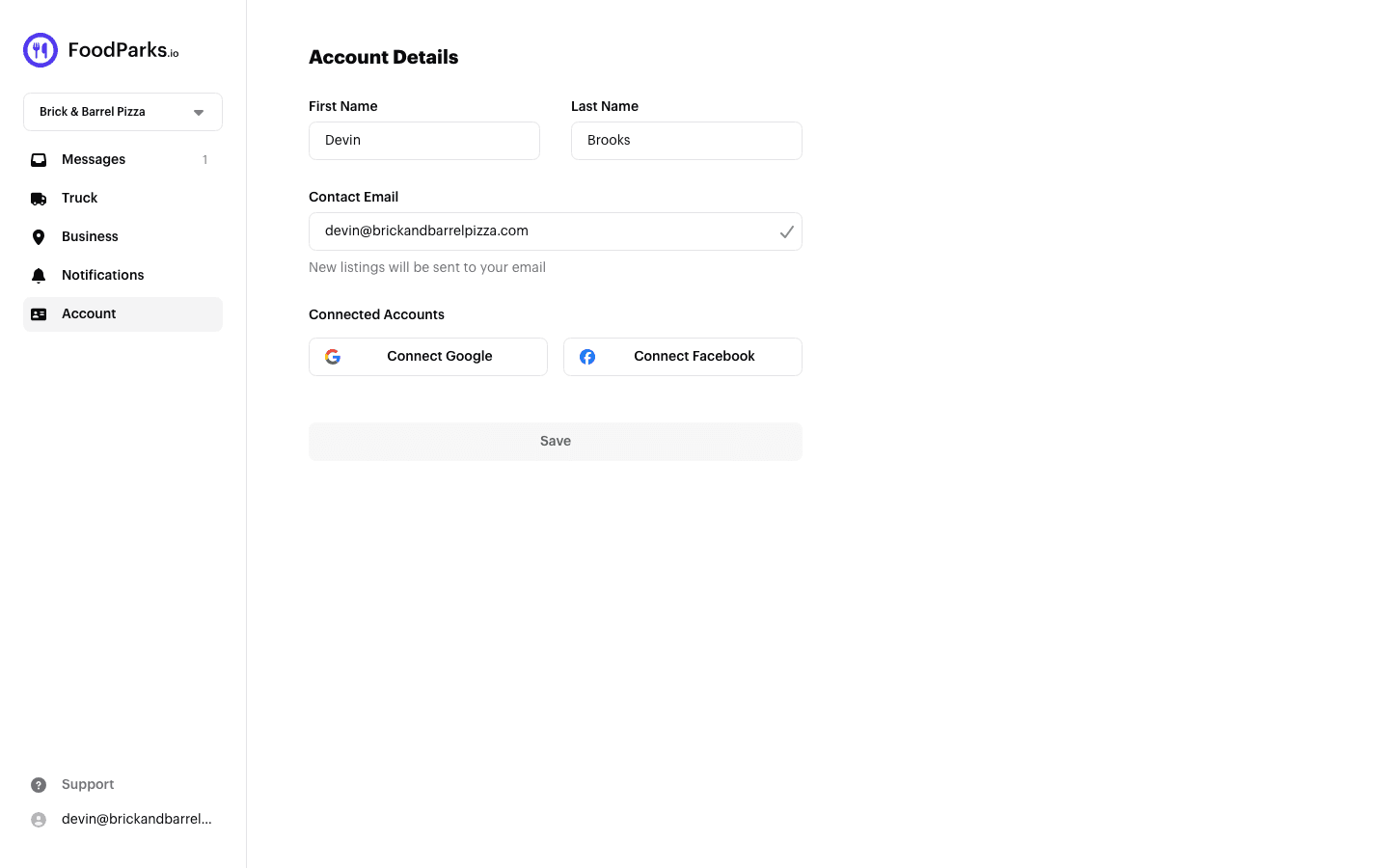 The Account Details page for a food truck, with First Name, Last Name, and Contact Email showing a verified checkmark filled in