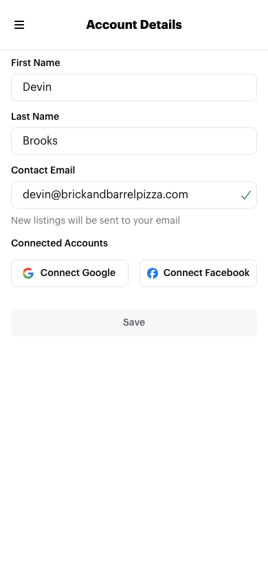 The Account Details page for a food truck, with First Name, Last Name, and Contact Email showing a verified checkmark filled in
