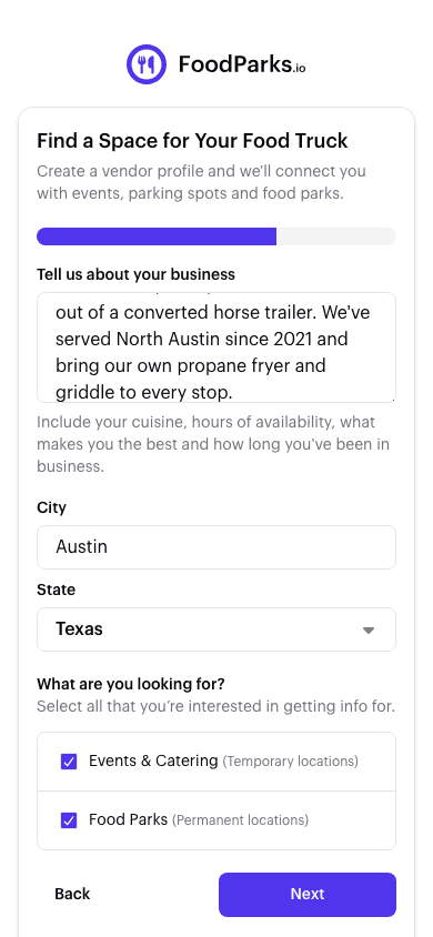 Step 2 of the create-a-truck form: the business description, city, state, and Events & Catering / Food Parks checkboxes.