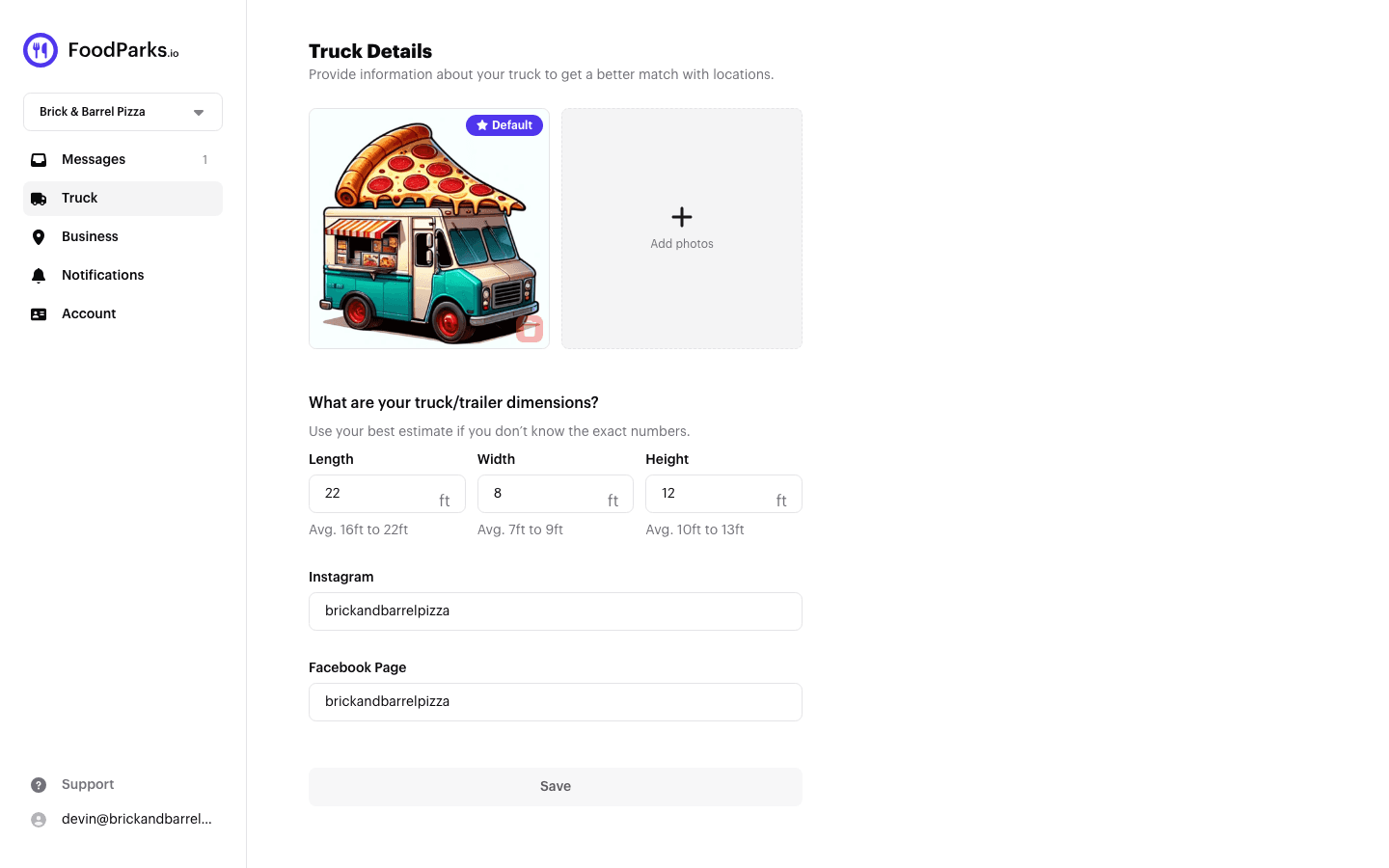 The Truck Details page for a truck profile, showing uploaded photos, Length, Width, and Height dimensions, and Instagram and Facebook fields filled in.