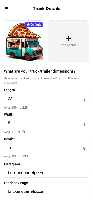 The Truck Details page for a truck profile, showing uploaded photos, Length, Width, and Height dimensions, and Instagram and Facebook fields filled in.