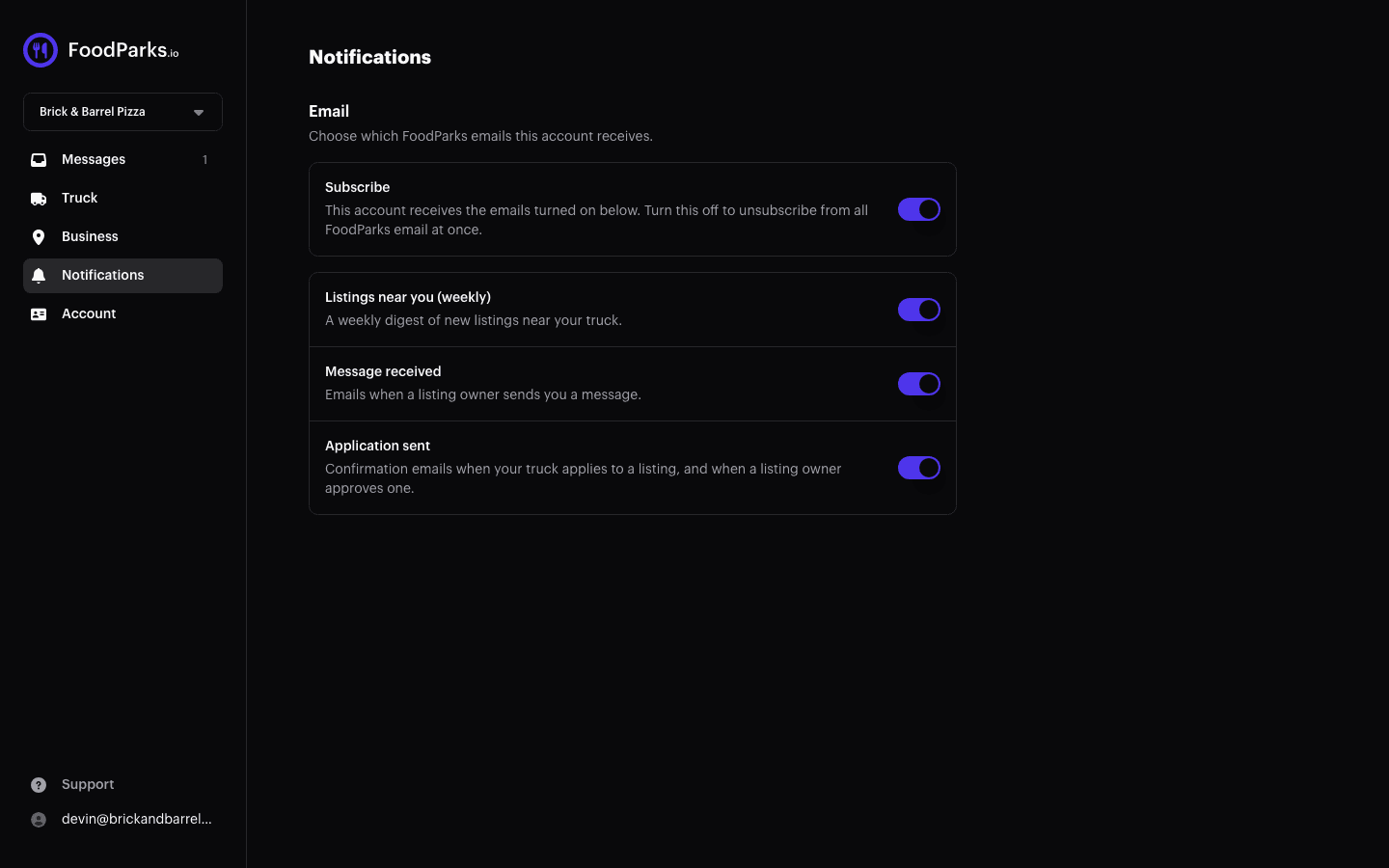 A truck dashboard's Notifications page with the Subscribe switch at the top and three email toggles below it: Listings near you (weekly), Message received, and Application sent