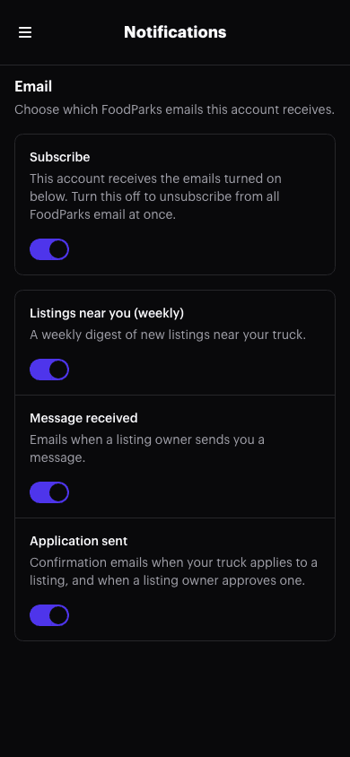 A truck dashboard's Notifications page with the Subscribe switch at the top and three email toggles below it: Listings near you (weekly), Message received, and Application sent
