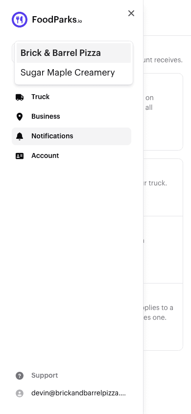 A truck's sidebar with the truck switcher open, showing two owned trucks.