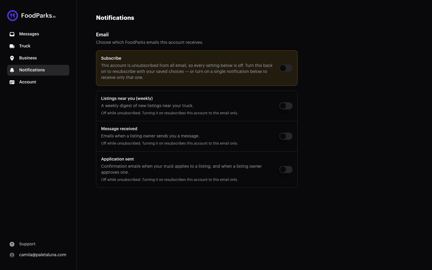 A Notifications page whose Subscribe switch is off, with every notification row below it showing off and a note that each one is off while unsubscribed