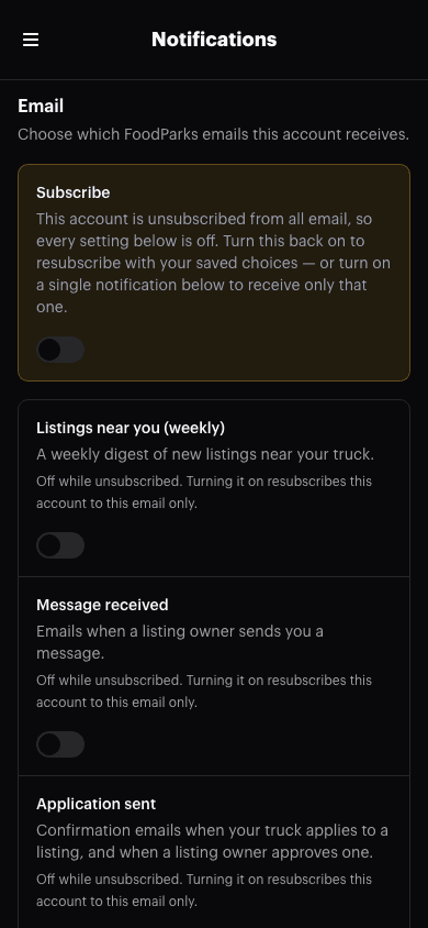 A Notifications page whose Subscribe switch is off, with every notification row below it showing off and a note that each one is off while unsubscribed