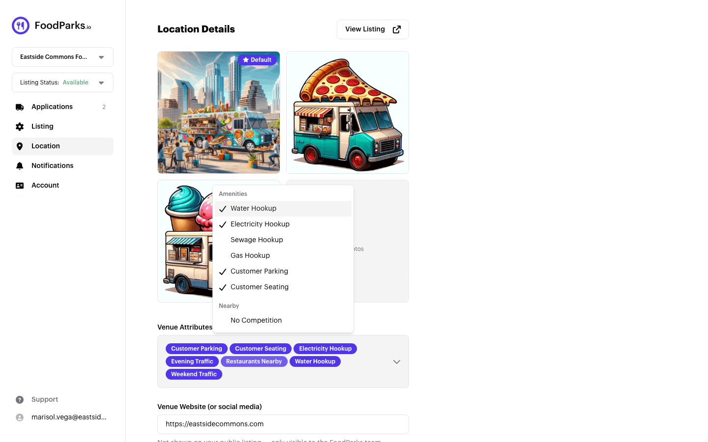 The Venue Attributes picker open on a listing's Location page, showing the Amenities and Nearby tag groups with checkmarks next to the ones already selected