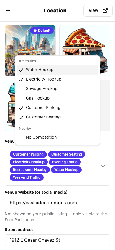 The Venue Attributes picker open on a listing's Location page, showing the Amenities and Nearby tag groups with checkmarks next to the ones already selected
