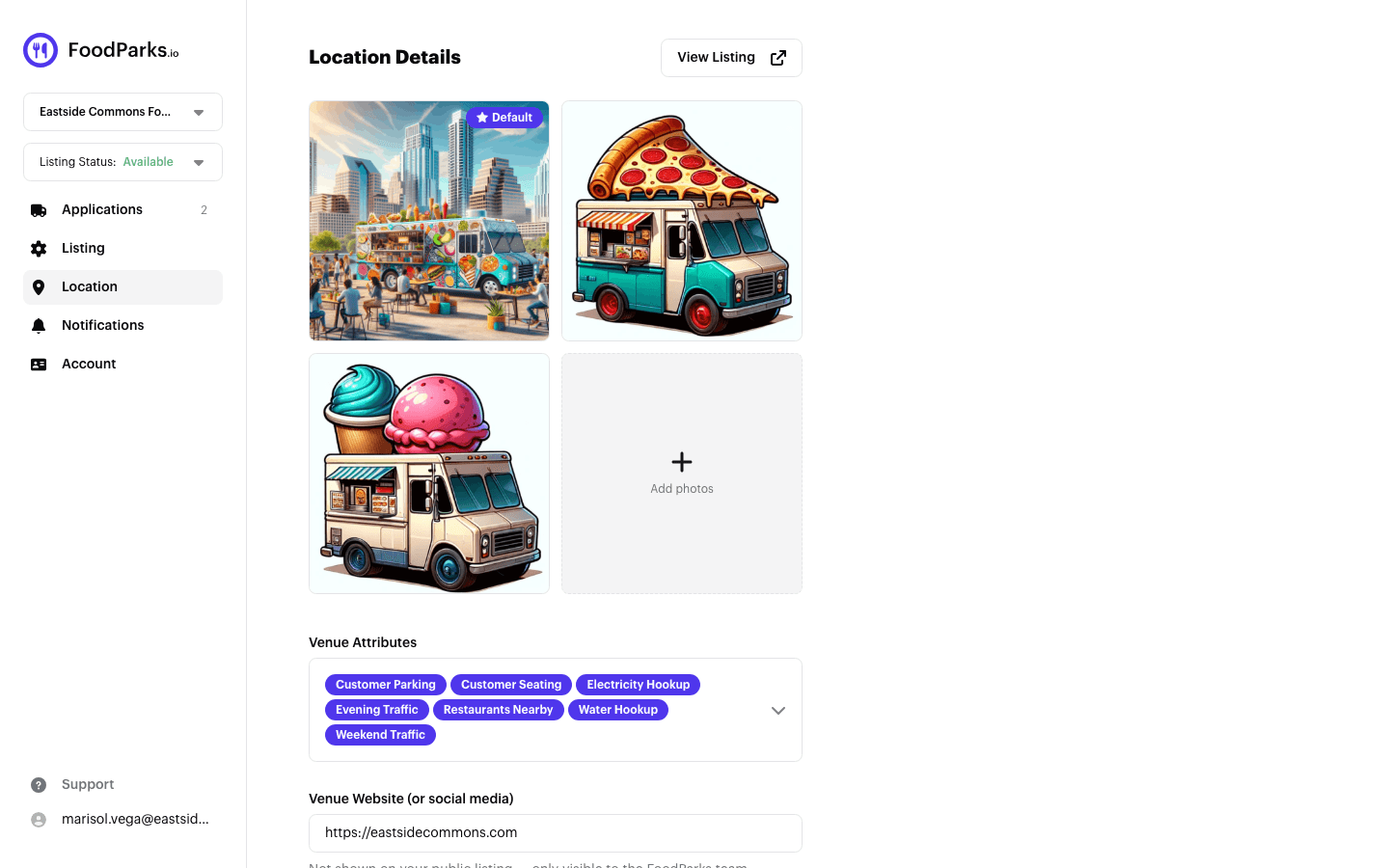 The Venue Attributes field on a listing's Location page, showing badges for Water Hookup, Electricity Hookup, Customer Seating, Customer Parking, Restaurants Nearby, Evening Traffic, and Weekend Traffic