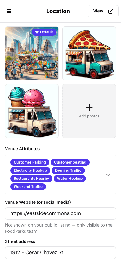 The Venue Attributes field on a listing's Location page, showing badges for Water Hookup, Electricity Hookup, Customer Seating, Customer Parking, Restaurants Nearby, Evening Traffic, and Weekend Traffic