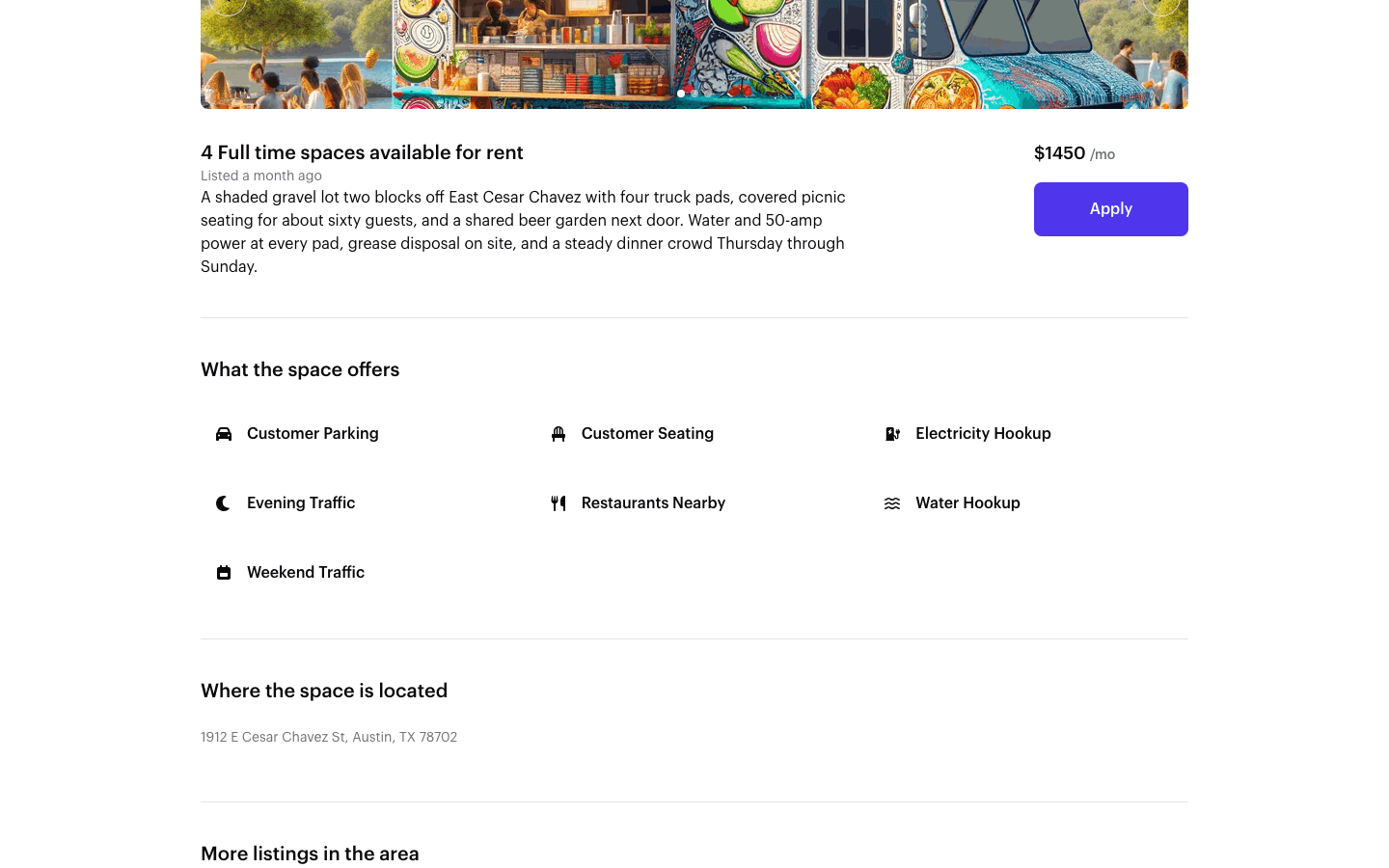 A listing's public page showing its tags as clickable badges under a What the space offers heading