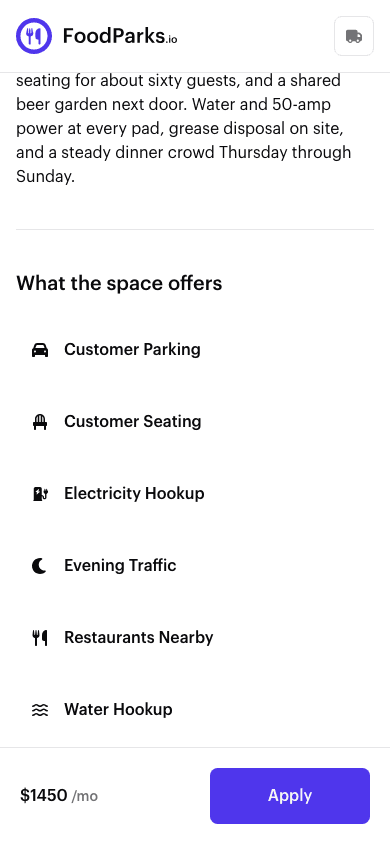 A listing's public page showing its tags as clickable badges under a What the space offers heading